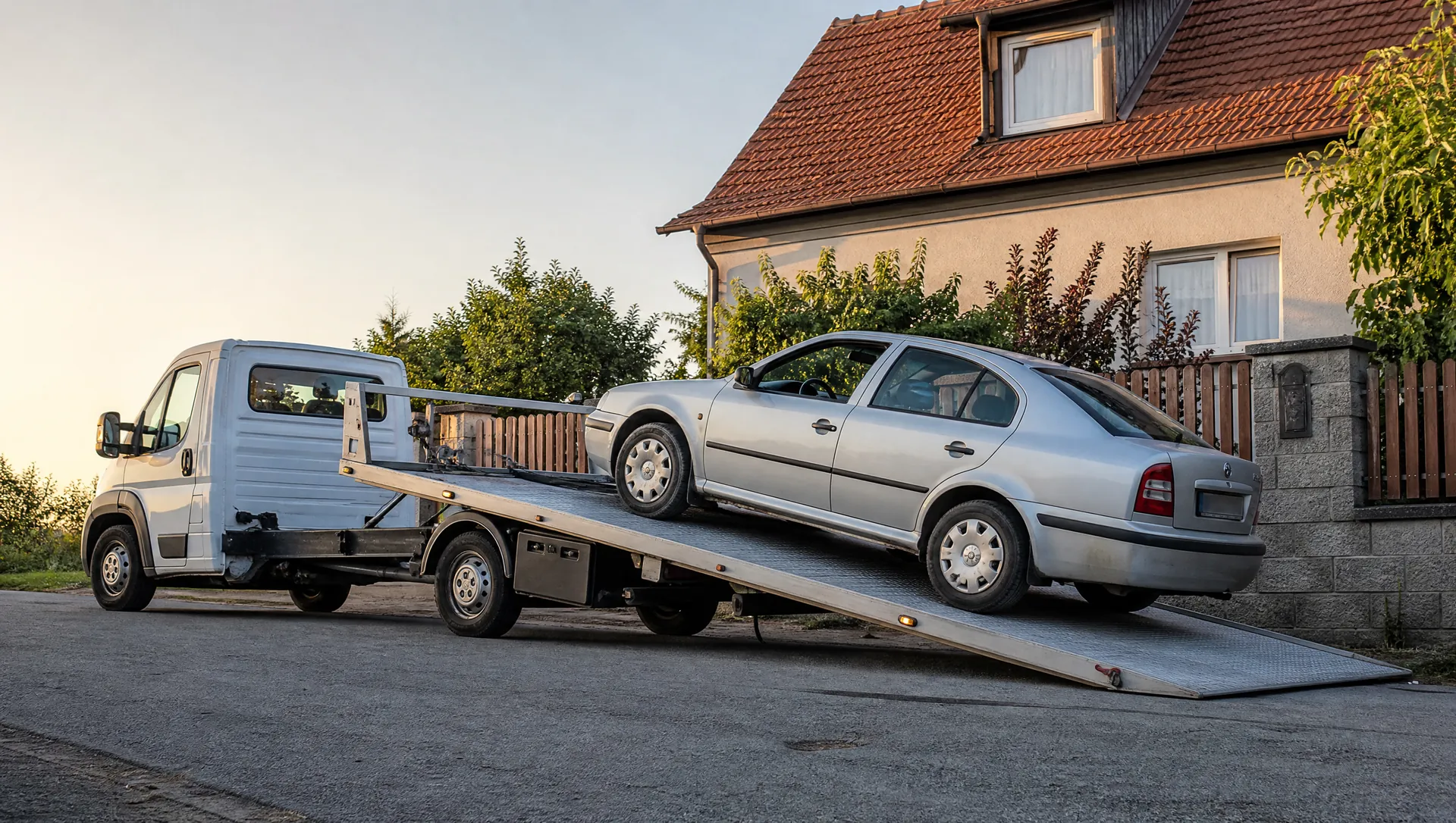 Bílá odtahovka Fiat Ducato nakládá navijákem stříbrnou Škodu Octavia na plošinu před rodinným domem