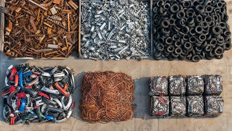 Pohled shora na roztříděné materiály z aut: ocel, hliníková kola, pneumatiky, plastové nárazníky, měděné kabely a slisované balíky